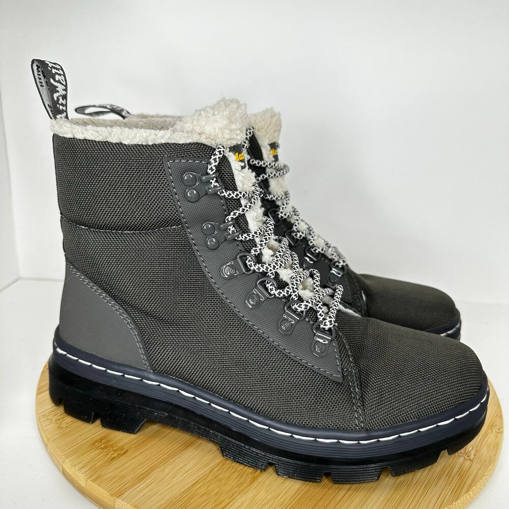 Dr. Martens Combs Fur Lined Gray Canvas Combat Moto Biker Boots Lace Up Size 9